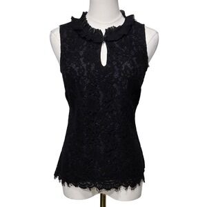 J Crew Lace Tank Top Womens XXS Black Sleeveless‎ Keyhole Ruffle Collar Dressy